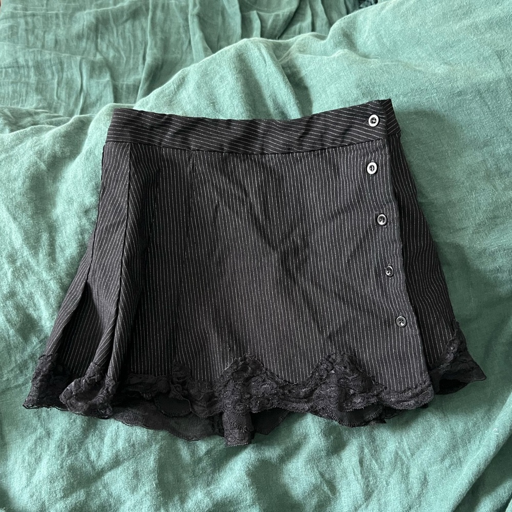 UNIF Black Pinstripe Skirt with Lace Trim